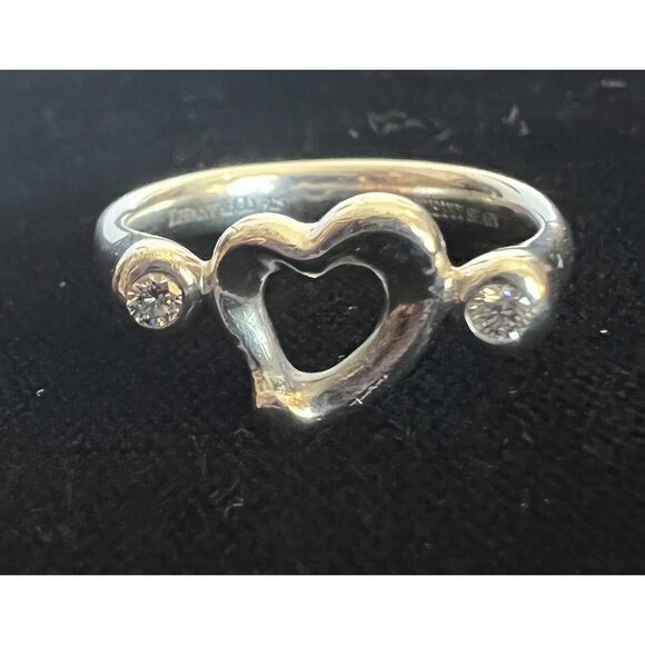 Authentic Tiffany&Co. Silver 925 Elsa Peretti Open Heart Ring With DiamondsSZ 7 - Picture 1 of 6